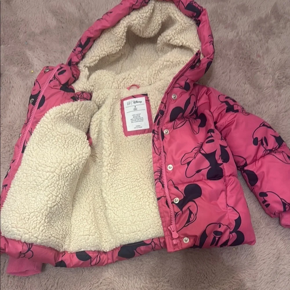 GAP Pink and Black Puffer Jacket with Mickey Mouse Print